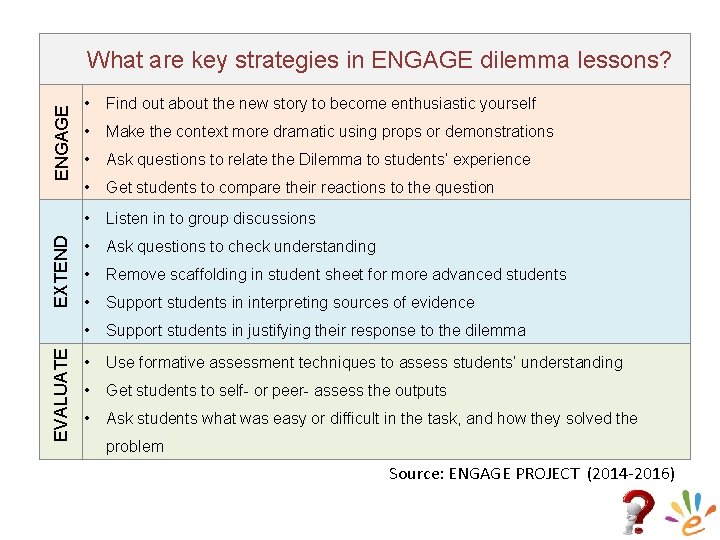  What are key strategies in ENGAGE dilemma lessons? EVALUATE EXTEND ENGAGE • Find