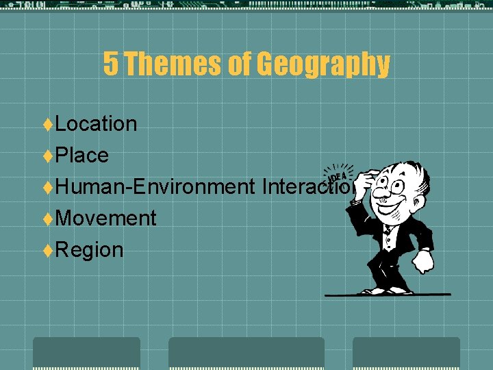 5 Themes of Geography t. Location t. Place t. Human-Environment t. Movement t. Region