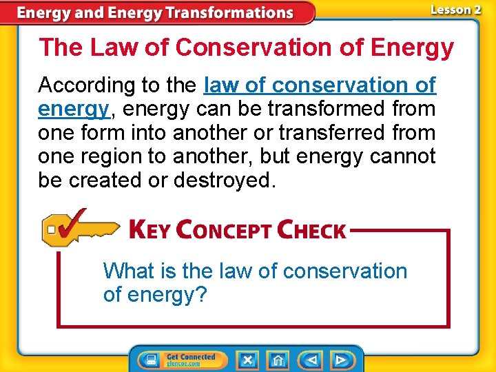 The Law of Conservation of Energy According to the law of conservation of energy,