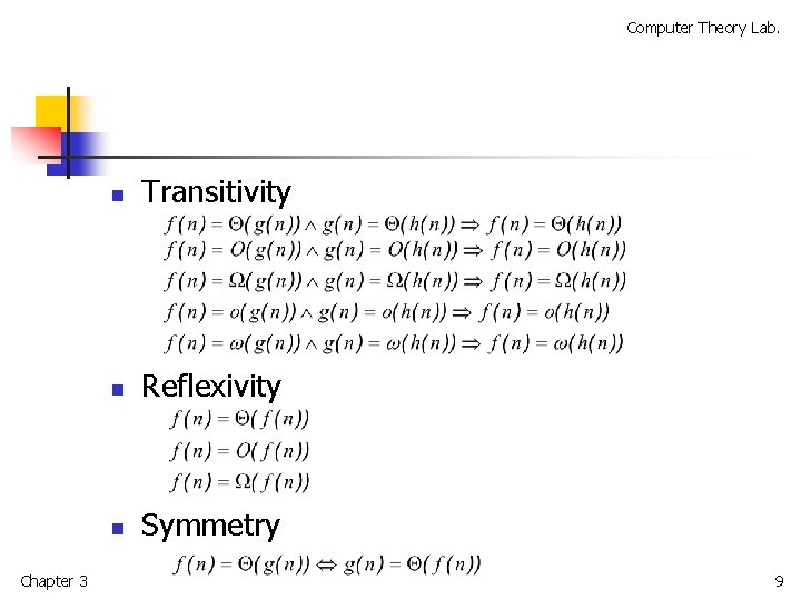 Computer Theory Lab. Chapter 3 n Transitivity n Reflexivity n Symmetry 9 