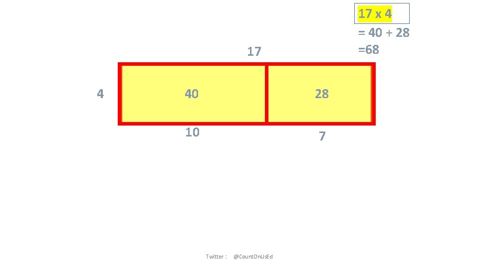 17 x 4 = 40 + 28 =68 17 4 40 28 10 7