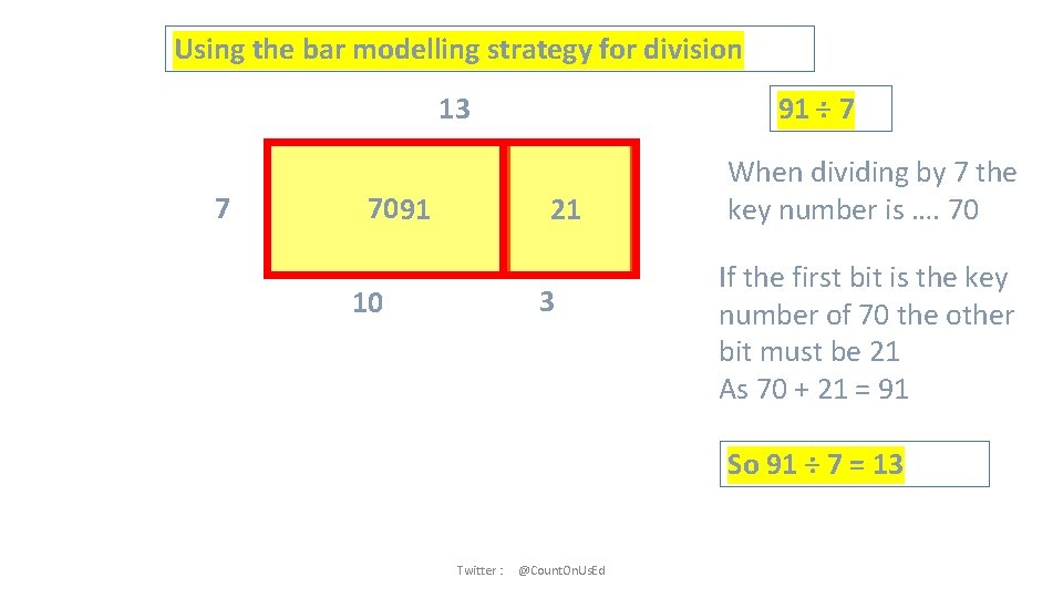 Using the bar modelling strategy for division 13 7 70 91 91 ÷ 7