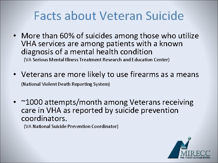 Facts about Veteran Suicide • More than 60% of suicides among those who utilize Facts about Veteran Suicide • More than 60% of suicides among those who utilize