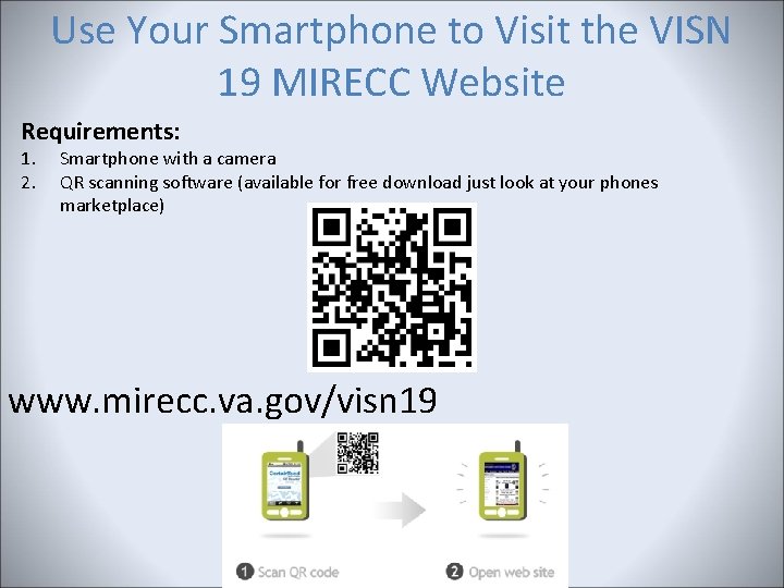 Use Your Smartphone to Visit the VISN 19 MIRECC Website Requirements: 1. 2. Smartphone Use Your Smartphone to Visit the VISN 19 MIRECC Website Requirements: 1. 2. Smartphone