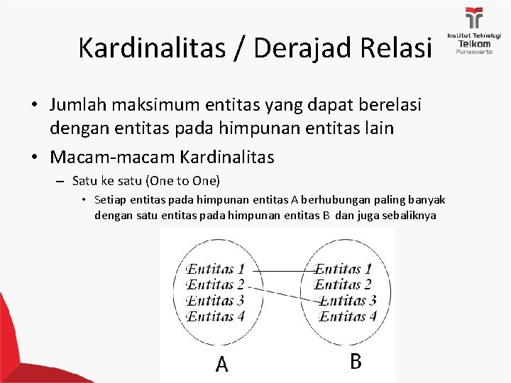 Kardinalitas / Derajad Relasi • Jumlah maksimum entitas yang dapat berelasi dengan entitas pada