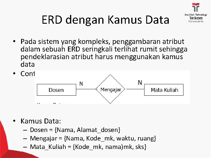 ERD dengan Kamus Data • Pada sistem yang kompleks, penggambaran atribut dalam sebuah ERD
