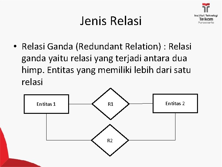 Jenis Relasi • Relasi Ganda (Redundant Relation) : Relasi ganda yaitu relasi yang terjadi