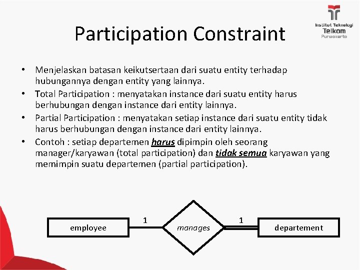 Participation Constraint • Menjelaskan batasan keikutsertaan dari suatu entity terhadap hubungannya dengan entity yang