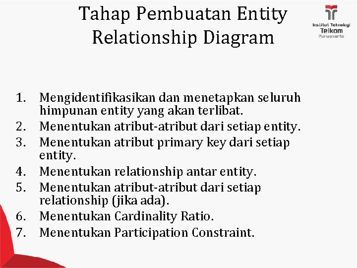 Tahap Pembuatan Entity Relationship Diagram 1. Mengidentifikasikan dan menetapkan seluruh himpunan entity yang akan