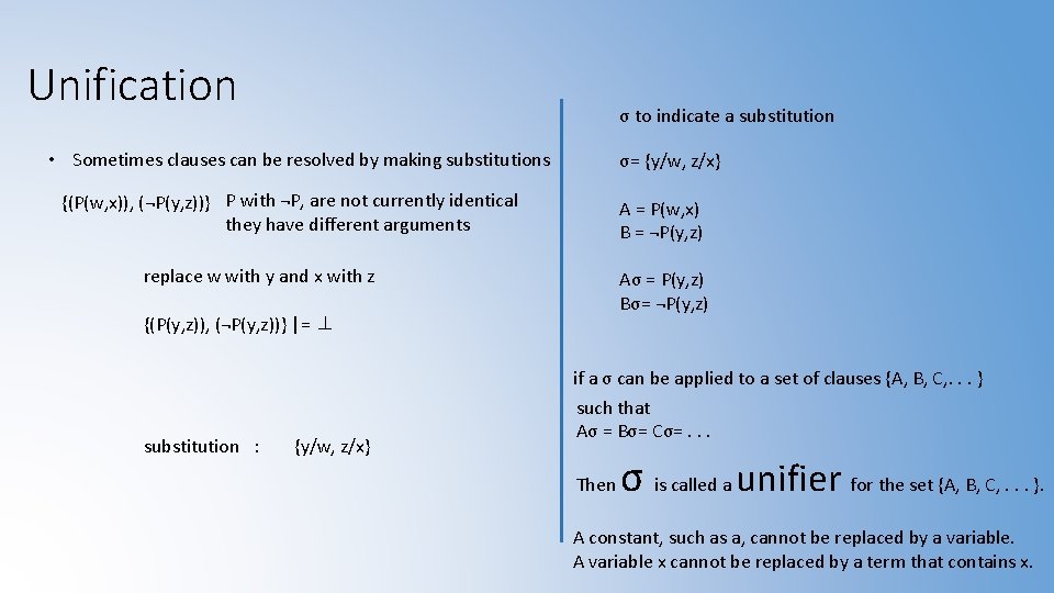 Unification σ to indicate a substitution • Sometimes clauses can be resolved by making
