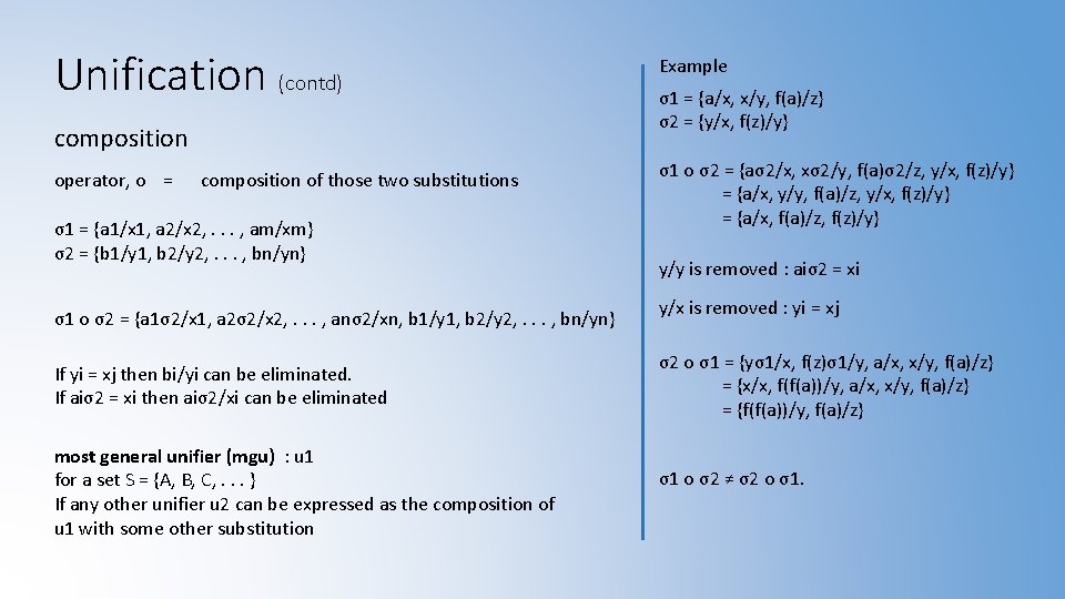 Unification (contd) composition operator, o = composition of those two substitutions σ1 = {a