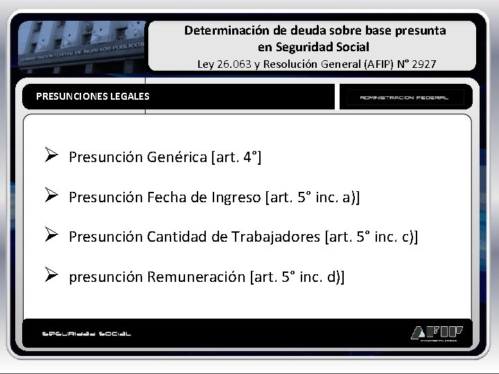 Determinación de deuda sobre base presunta en Seguridad Social Ley 26. 063 y Resolución