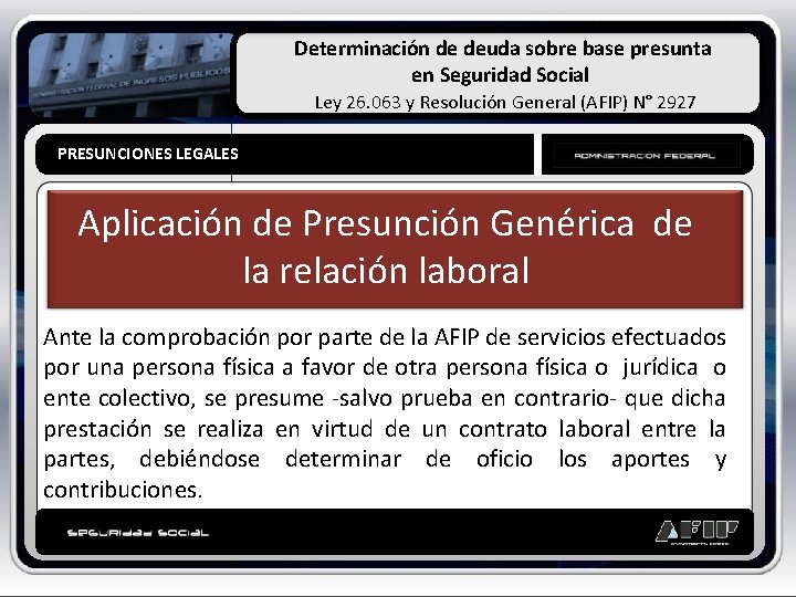 Determinación de deuda sobre base presunta en Seguridad Social Ley 26. 063 y Resolución