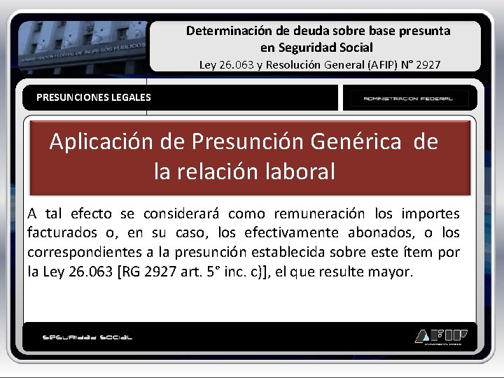 Determinación de deuda sobre base presunta en Seguridad Social Ley 26. 063 y Resolución