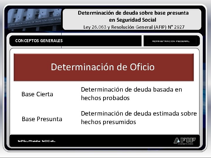 Determinación de deuda sobre base presunta en Seguridad Social Ley 26. 063 y Resolución