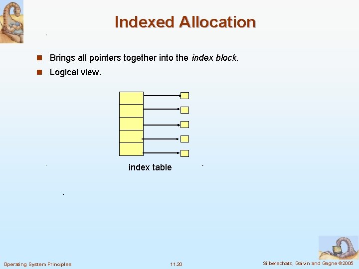 Indexed Allocation n Brings all pointers together into the index block. n Logical view.