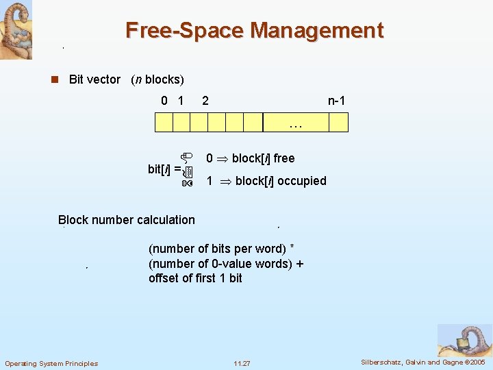 Free-Space Management n Bit vector (n blocks) 0 1 2 n-1 … bit[i] =