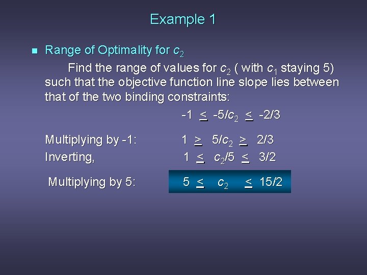 Example 1 n Range of Optimality for c 2 Find the range of values