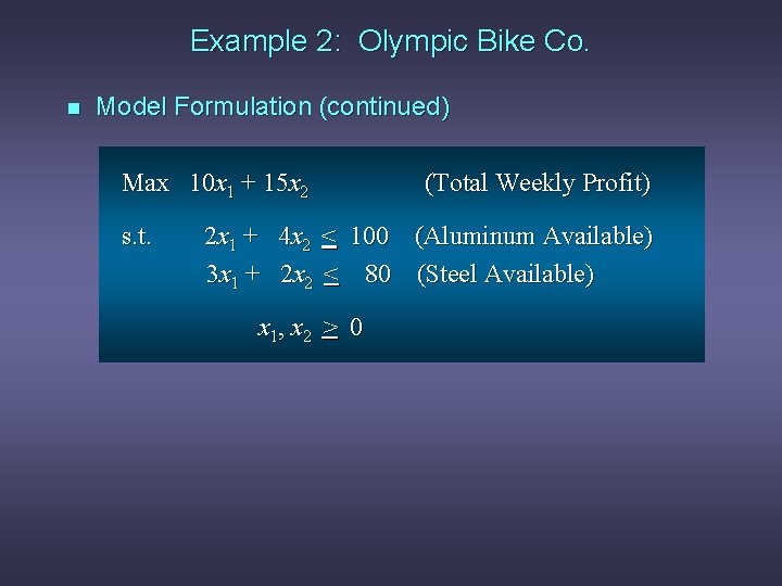 Example 2: Olympic Bike Co. n Model Formulation (continued) Max 10 x 1 +