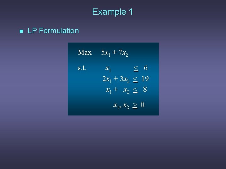 Example 1 n LP Formulation Max 5 x 1 + 7 x 2 s.