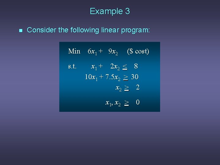 Example 3 n Consider the following linear program: Min 6 x 1 + 9