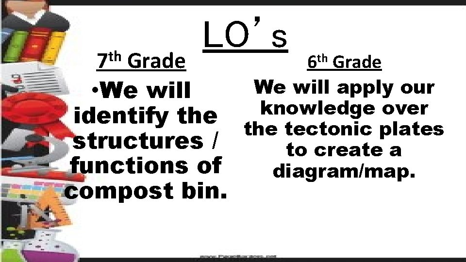 th 7 LO’s Grade • We will identify the structures / functions of compost