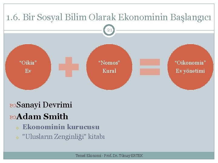 1. 6. Bir Sosyal Bilim Olarak Ekonominin Başlangıcı 21 “Oikia” “Nomos” “Oikonomia” Ev Kural