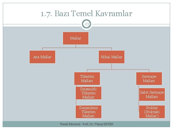 1. 7. Bazı Temel Kavramlar 23 Mallar Ara Mallar Nihai Mallar Tüketim Malları Sermaye