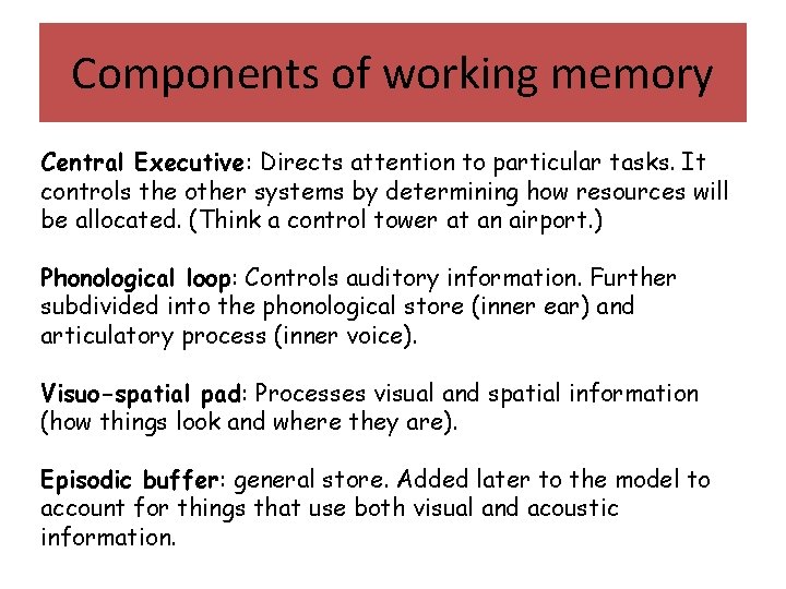 Components of working memory Central Executive: Directs attention to particular tasks. It controls the