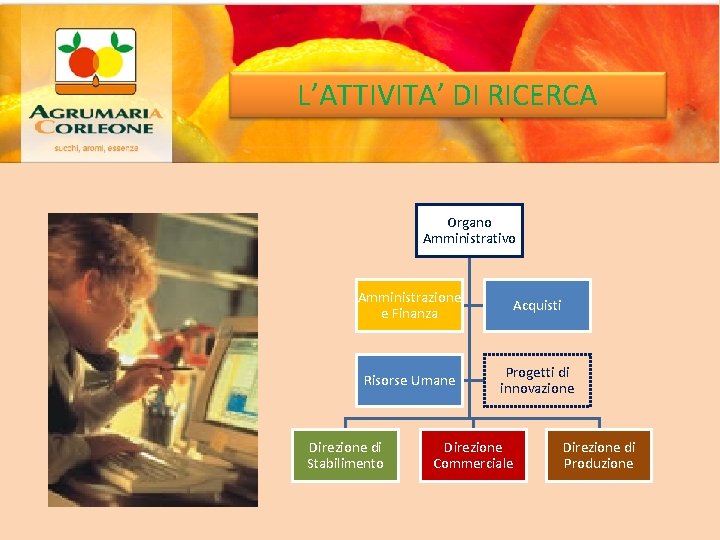 L’ATTIVITA’ DI RICERCA Organo Amministrativo Amministrazione e Finanza Acquisti Risorse Umane Progetti di innovazione