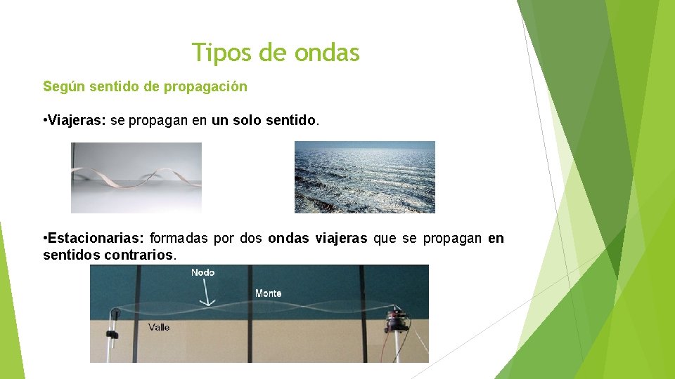 Tipos de ondas Según sentido de propagación • Viajeras: se propagan en un solo Tipos de ondas Según sentido de propagación • Viajeras: se propagan en un solo