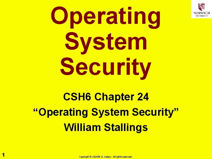 Operating System Security CSH 6 Chapter 24 “Operating System Security” William Stallings 1 Copyright