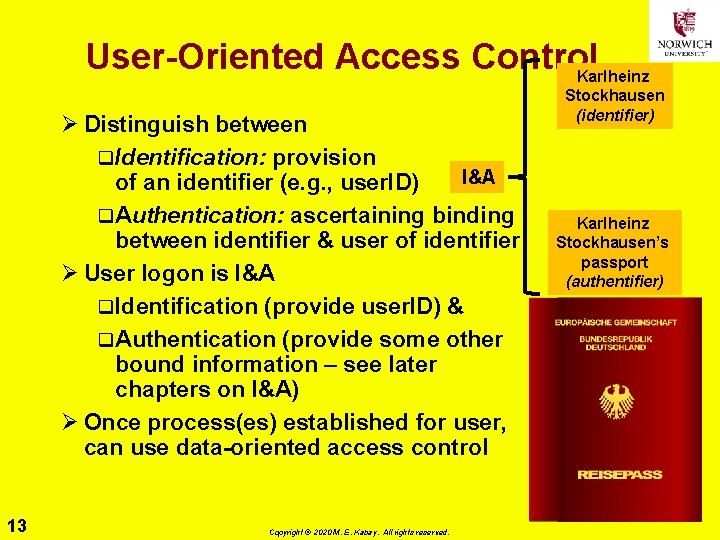 User-Oriented Access Control Karlheinz Ø Distinguish between q. Identification: provision I&A of an identifier