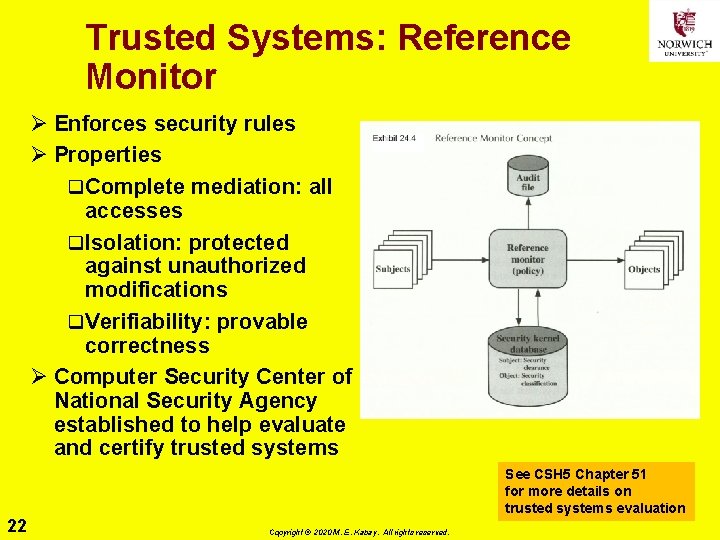 Trusted Systems: Reference Monitor Ø Enforces security rules Ø Properties q Complete mediation: all