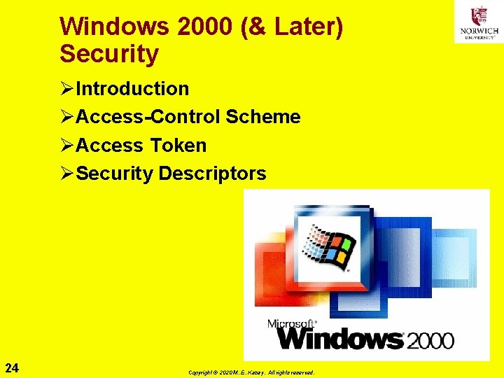 Windows 2000 (& Later) Security ØIntroduction ØAccess-Control Scheme ØAccess Token ØSecurity Descriptors 24 Copyright