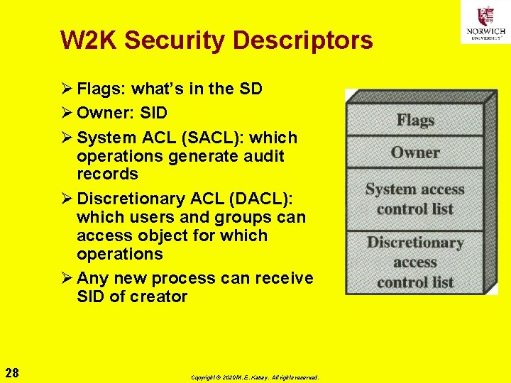 W 2 K Security Descriptors Ø Flags: what’s in the SD Ø Owner: SID