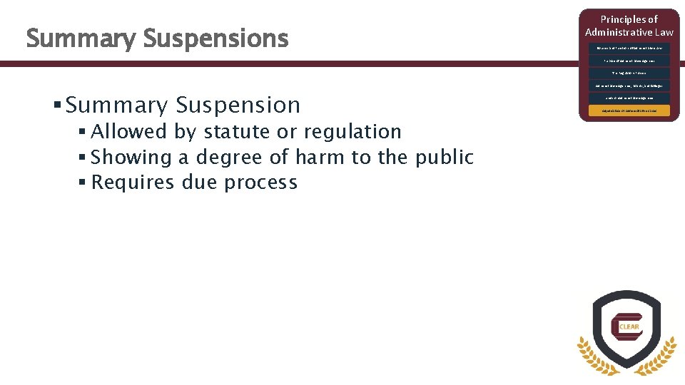 Summary Suspensions Principles of Administrative Law Sources and Functions of Administrative Law Purpose of