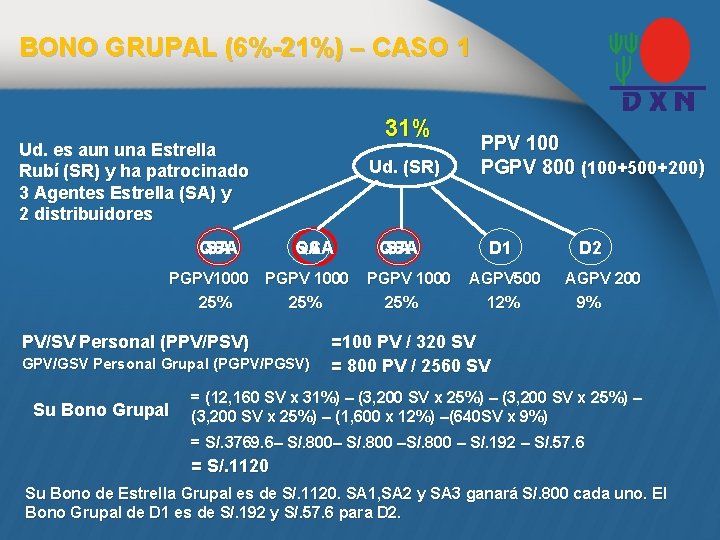 BONO GRUPAL (6%-21%) – CASO 1 31% Ud. es aun una Estrella Rubí (SR)