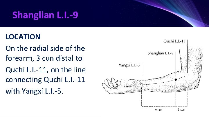 Shanglian L. I. -9 LOCATION On the radial side of the forearm, 3 cun