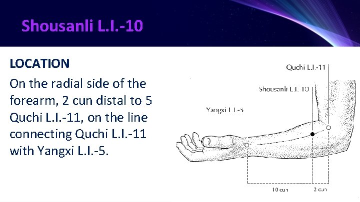 Shousanli L. I. -10 LOCATION On the radial side of the forearm, 2 cun