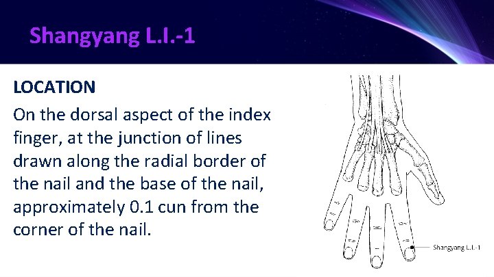 Shangyang L. I. -1 LOCATION On the dorsal aspect of the index finger, at