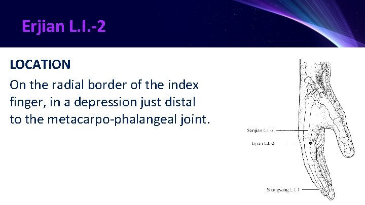 Erjian L. I. -2 LOCATION On the radial border of the index finger, in