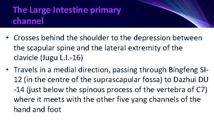 The Large Intestine primary channel • Crosses behind the shoulder to the depression between