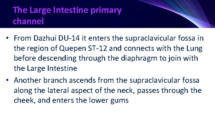 The Large Intestine primary channel • From Dazhui DU-14 it enters the supraclavicular fossa