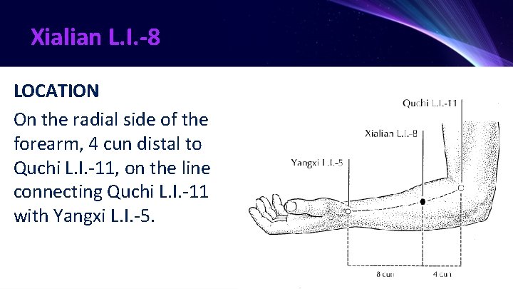 Xialian L. I. -8 LOCATION On the radial side of the forearm, 4 cun