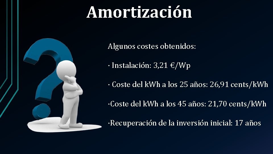 Amortización Algunos costes obtenidos: · Instalación: 3, 21 €/Wp · Coste del k. Wh