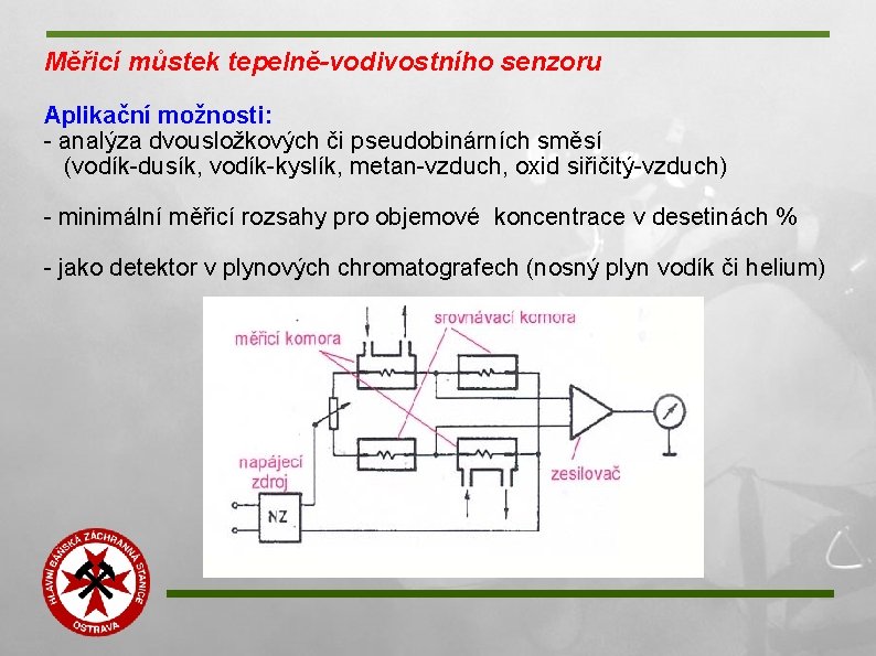 Měřicí můstek tepelně-vodivostního senzoru Aplikační možnosti: - analýza dvousložkových či pseudobinárních směsí (vodík-dusík, vodík-kyslík,