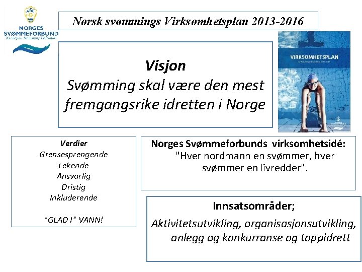 Norsk svømmings Virksomhetsplan 2013 -2016 Visjon Svømming skal være den mest fremgangsrike idretten i