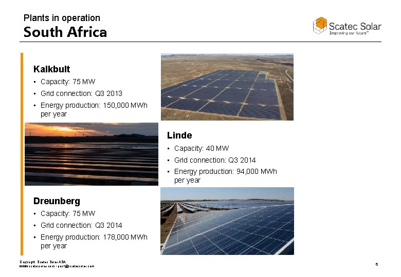 Plants in operation South Africa Kalkbult • Capacity: 75 MW • Grid connection: Q