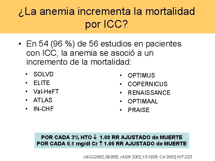 ¿La anemia incrementa la mortalidad por ICC? • En 54 (96 %) de 56